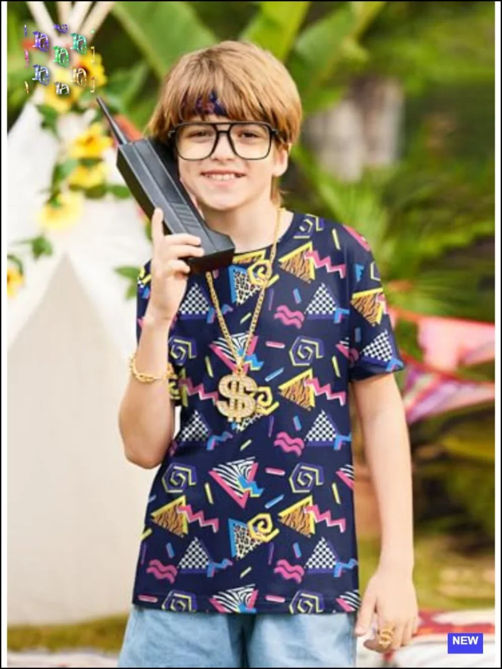 Boys 80s 90s HipHop Costume 6pcs Disco Party Outfit Geometric Print Tee Set